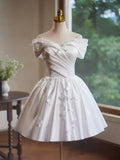 Ndyad Off Shoulder Satin White Short Prom Dress, White Homecoming Dress HZ1024