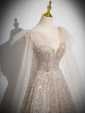 Ndyad Scoop Neckline Tulle Champagne Long Prom Dress, Champagne Sequin Evening Dress HZ1024