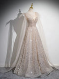Ndyad Scoop Neckline Tulle Champagne Long Prom Dress, Champagne Sequin Evening Dress HZ1024