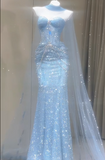 Ndyad Sweetheart Mermaid Tulle Long Prom Dresses, Blue Formal Evening Dresses HZ1024