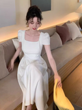 Ndyad retro elegant A-line square neck puff sleeve dress HZ1024