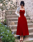 Ndyad Kong style retro red velvet suspender dress HZ1024