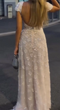 Ndyad Square Neck Sheath Chiffon Appliqu¨¦ Long Prom Dresses, White Backless Formal Dresses HZ1024
