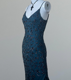 Ndyad Spaghetti Strap Sheath Chiffon Beaded Long Prom Dresses, Jade Backless Formal Dresses HZ1024