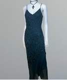 Ndyad Spaghetti Strap Sheath Chiffon Beaded Long Prom Dresses, Jade Backless Formal Dresses HZ1024