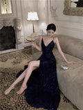 Ndyad Blue Spaghetti Strap A-Line V-Neck Sequined Long Prom Dress, Adult Ceremony Graduation Evening dress HZ1024