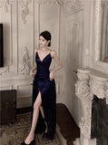 Ndyad Blue Spaghetti Strap A-Line V-Neck Sequined Long Prom Dress, Adult Ceremony Graduation Evening dress HZ1024