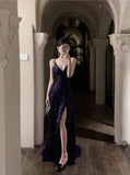 Ndyad Blue Spaghetti Strap A-Line V-Neck Sequined Long Prom Dress, Adult Ceremony Graduation Evening dress HZ1024
