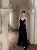 Ndyad Blue Spaghetti Strap A-Line V-Neck Sequined Long Prom Dress, Adult Ceremony Graduation Evening dress HZ1024