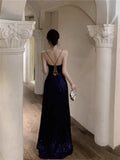Ndyad Blue Spaghetti Strap A-Line V-Neck Sequined Long Prom Dress, Adult Ceremony Graduation Evening dress HZ1024