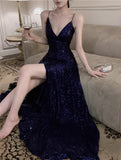 Ndyad Blue Spaghetti Strap A-Line V-Neck Sequined Long Prom Dress, Adult Ceremony Graduation Evening dress HZ1024