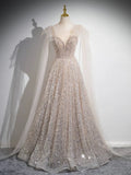 Ndyad Scoop Neckline Tulle Champagne Long Prom Dress, Champagne Sequin Evening Dress HZ1024