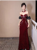 Ndyad Sweetheart Neck Velvet Beads Long Prom Dress Burgundy Wedding Guest Dress Pretty Birthday Dress HZ1024