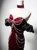 Ndyad Sweetheart Neck Velvet Beads Long Prom Dress Burgundy Wedding Guest Dress Pretty Birthday Dress HZ1024