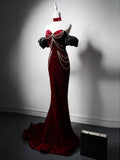 Ndyad Sweetheart Neck Velvet Beads Long Prom Dress Burgundy Wedding Guest Dress Pretty Birthday Dress HZ1024