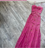 Ndyad Spaghetti Strap Sheath Beaded Chiffon Long Prom Dresses, Hot Pink Formal Evening Dresses HZ1024