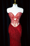 Ndyad Sweetheart Mermaid Long Prom Dresses Beaded Tulle Evening Dresses Burgundy Formal Dresses HZ1024