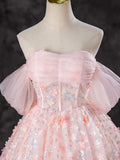 Ndyad Off Shoulder Tulle Lace Pink Long Prom Dress, Pink Sweet 16 Dress HZ1024