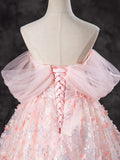 Ndyad Off Shoulder Tulle Lace Pink Long Prom Dress, Pink Sweet 16 Dress HZ1024