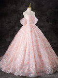Ndyad Off Shoulder Tulle Lace Pink Long Prom Dress, Pink Sweet 16 Dress HZ1024