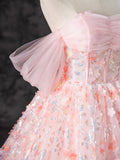 Ndyad Off Shoulder Tulle Lace Pink Long Prom Dress, Pink Sweet 16 Dress HZ1024