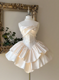 Ndyad Strapless Ball Gown Champagne Homecoming Dresses Sleeveless Birthday Dresses Satin Party Dresses HZ1024