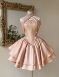 Ndyad Halter Ball Gown Peach Homecoming Dresses Sleeveless Birthday Dresses Satin Party Dresses HZ1024