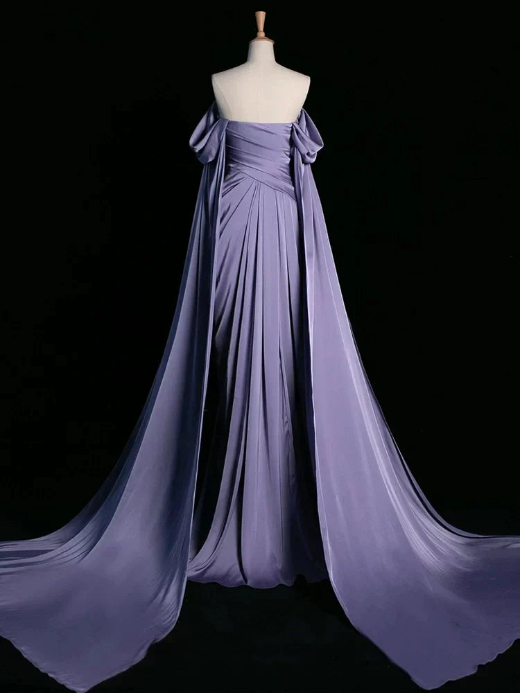 Ndyad Purple A-Line Off Shoulder Satin Long Prom Dress Formal Evening Dress HZ1024