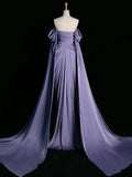 Ndyad Purple A-Line Off Shoulder Satin Long Prom Dress Formal Evening Dress HZ1024