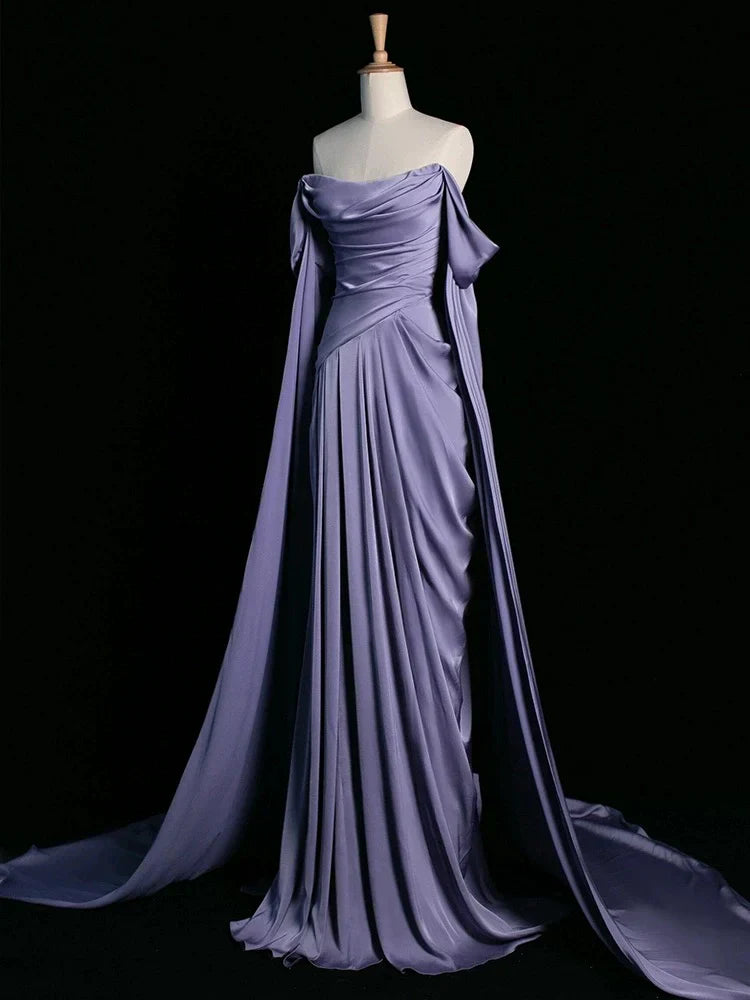 Ndyad Purple A-Line Off Shoulder Satin Long Prom Dress Formal Evening Dress HZ1024