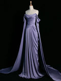 Ndyad Purple A-Line Off Shoulder Satin Long Prom Dress Formal Evening Dress HZ1024