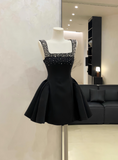 Ndyad A-Line Black Homecoming Dresses Rhinestone Satin Mini Birtdhay Dresses Square Neck Formal Dresses HZ1024