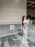Ndyad Fit Flying Sleeve Irregular Hem Suspender Mesh Long Dress HZ1024