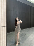 Ndyad Fit Flying Sleeve Irregular Hem Suspender Mesh Long Dress HZ1024