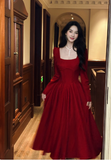 Ndyad A-Line Formal Dresses Burgundy Birthday Dresses Long Sleeves Guest Dresses HZ1024