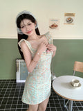 Ndyad tea break gentle floral small flying sleeve square neck dress HZ1024