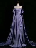 Ndyad Purple A-Line Off Shoulder Satin Long Prom Dress Formal Evening Dress HZ1024