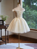 Ndyad Off Shoulder Satin Lace Short Prom Dress, Champagne Homecoming Dress HZ1024