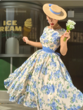 Ndyad Jewel A-Line Chiffon Floral Short Prom Dresses Elegant Blue Birthday Dresses with Short Sleeves HZ1024