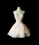Ndyad V-neck A-Line Short Prom Dresses Sequin Tulle Pink Homecoming Dresses HZ1024
