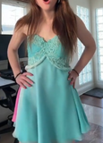 Ndyad Spaghetti Strap Sheath Short Prom Dresses Chiffon Turquoise Homecoming Dresses HZ1024