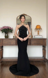 Ndyad Halter Sheath Long Prom Dresses Satin New Year's Eve Dress Black Formal Dresses HZ1024