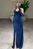 Ndyad Strapless Sheath Long Prom Dresses Satin Navy Blue New Year Evening Dresses HZ1024