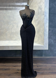 Ndyad Strapless Sheath Long Prom Dresses Tulle BeadedBlack New Year Evening Dresses HZ1024