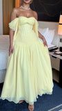 Ndyad A-Line Butter Yellow Formal Dresses Chiffon Off-the-shoulder Wedding Guest Dresses Cute Birthday Dresses HZ1024