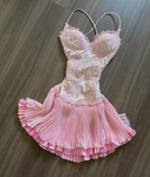 Ndyad Pink Spaghetti Strap Chiffon Party Dresses Lace Applique Short Prom Dresses Homecoming Dress HZ1024