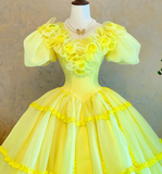 Ndyad Short Sleeve Ball Gown Tulle Long Prom Dresses Flower Yellow Quinceanera Dresses Sweet 16 Dresses HZ1024