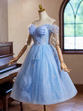Ndyad Sweetheart Neck Off Shoulder Blue Short Prom Dress with Beads HZ1024