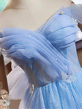 Ndyad Sweetheart Neck Off Shoulder Blue Short Prom Dress with Beads HZ1024