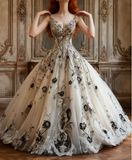 Ndyad V-neck A-Line Tulle Long Prom Dresses Tulle Beaded Applique White Quincea?era Dresses 2025 Halloween Dress HZ1024